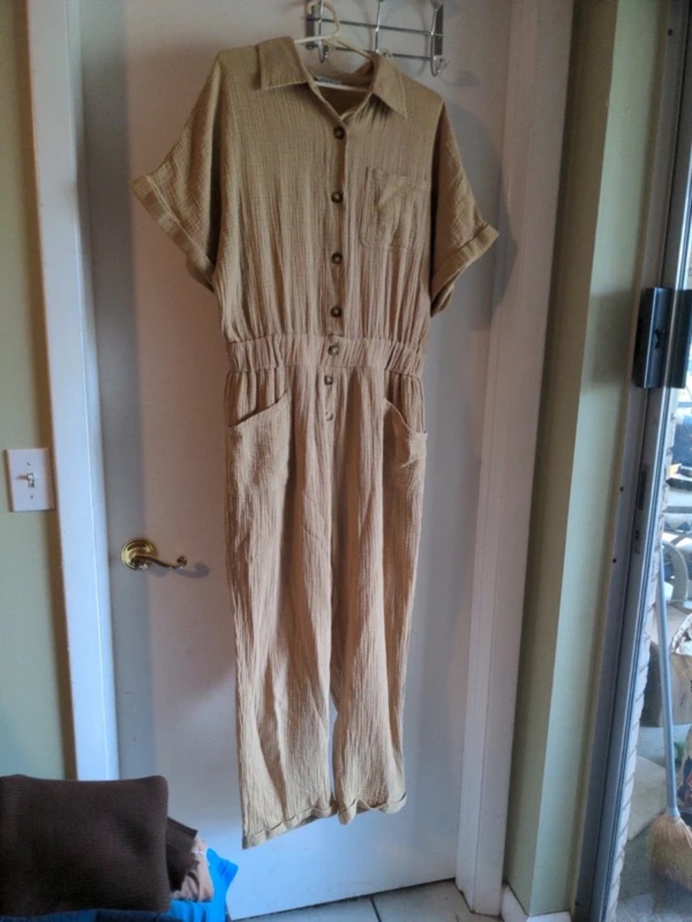 Button-Front Short Sleeve Jumpsuit in Beige